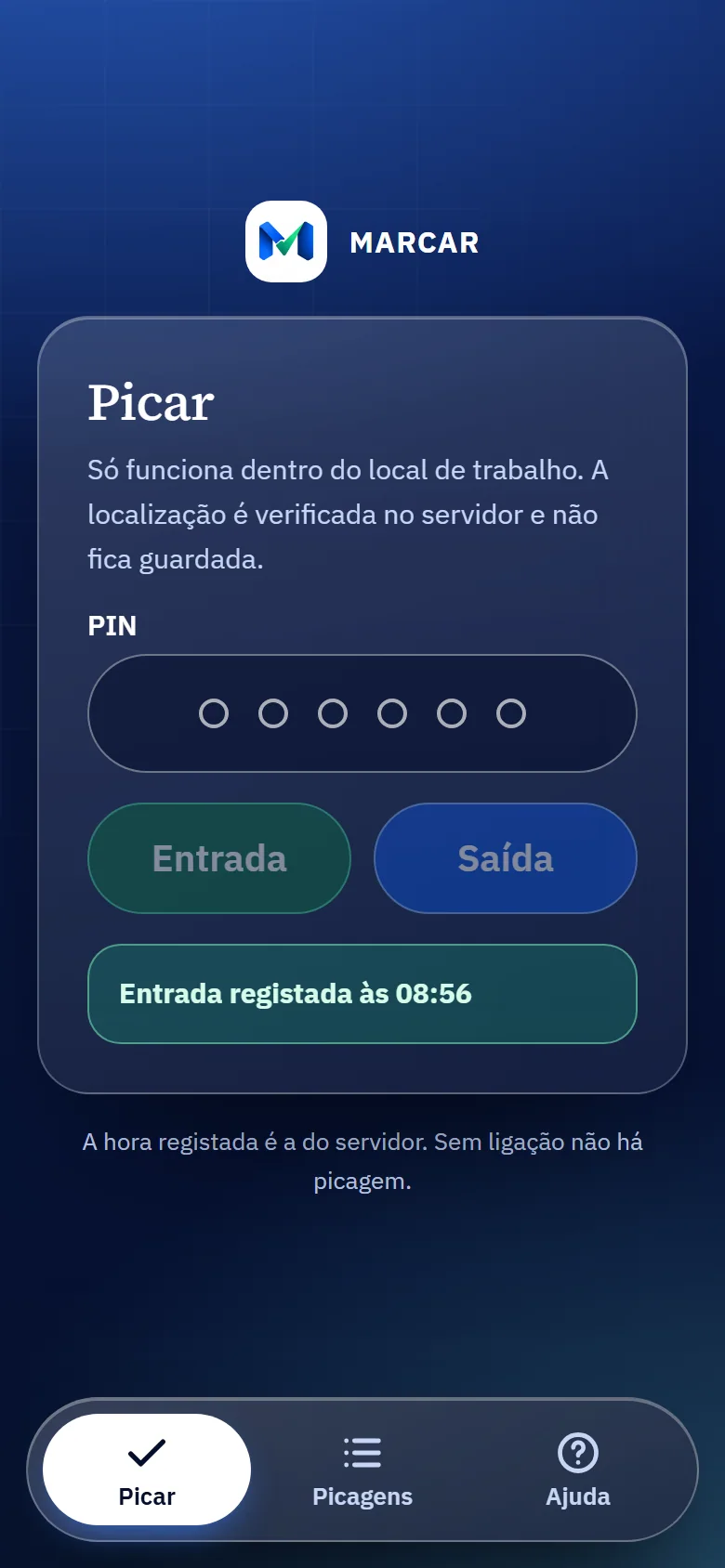Picagem no telemóvel pessoal: número, PIN e botão de registar.